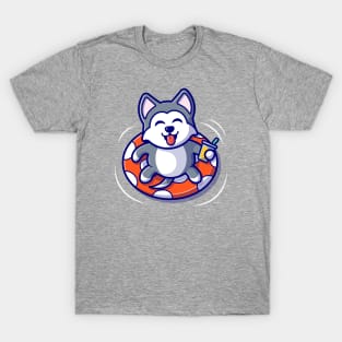 Cute Husky Dog Floating With Swimming Tires T-Shirt